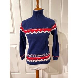 Vintage Hand Knit Made Blue Fairisle Sweater Sz Small 60S 70S Nordic Winter
